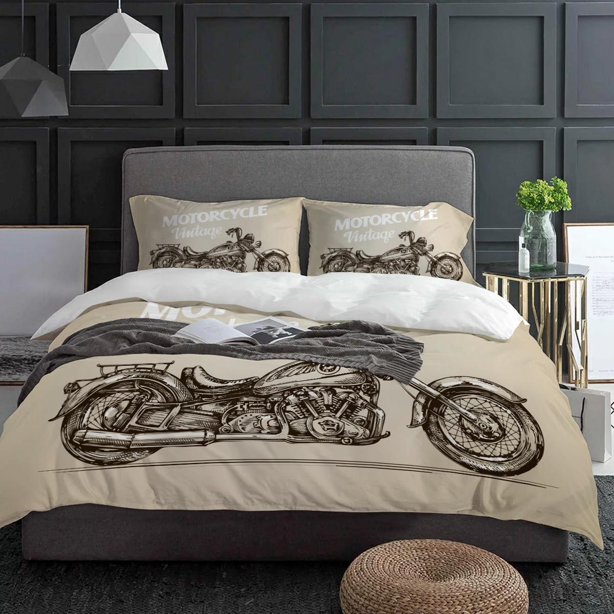 Vintage Motorrad Bettwäsche Set 3-teilig Jungen Mädchen Bettbezug Kissenbezug Kinder Erwachsene Bettdeckenbezug Doppelbett Set Heimtextilien EU single(135x200cm) von Joom DACH