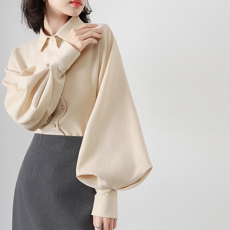 Vintage POLO Kragen Laterne Ärmel Langarm Shirt Damen Frühjahr Neue Unregelmäßige Design Shirt XL apricot von Joom DACH