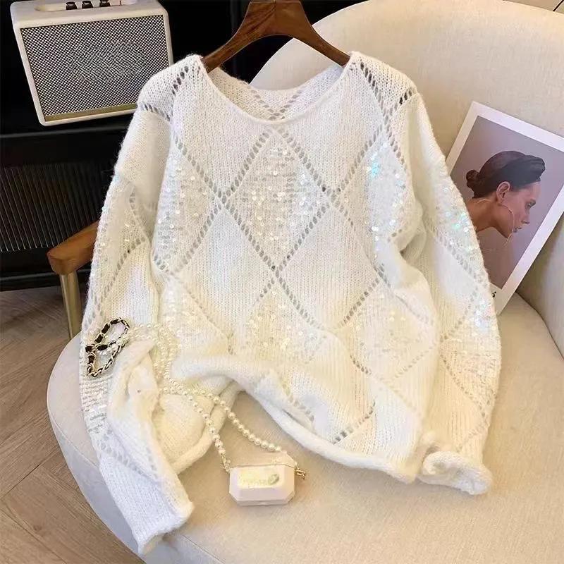 Vintage-Pullover mit Pailletten für Damen, runder Kragen, lockere, ausgehöhlte Damen-Pullover, lässige Oberteile, modischer Strickpullover XXL von Joom DACH