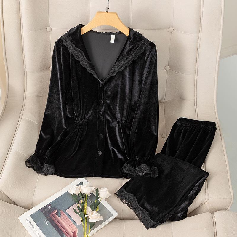 Vintage-Pyjama im Palaststil aus Samt für Damen, Herbst-Winter-Pyjama-Hosenanzüge, lockerer rosa Spitzenbesatz, Velours-Nachtwäsche, Homewear XL schwarz von Joom DACH