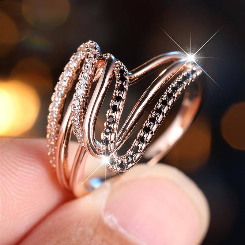 Vintage Schwarz Weiß Zirkon Fingerring für Frauen Luxus Rose Gold Farbe Ehering Brautschmuck 10 rose gold/schwarz von Joom DACH
