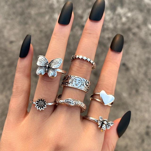 Vintage Silber Farbe Schädel Herz Ringe Set Für Frauen Männer Gothic Kette Retro Ringe Trend Mode Schmuck von Joom DACH