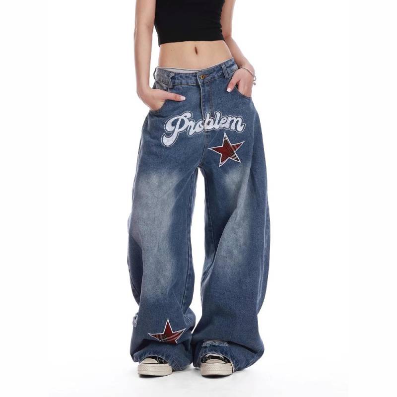 Vintage Spice Star Bestickte Weitbeinige Machete Jeans Damen Y2K Punk Stil Baggy Slim Joker Straight Mop Hosen S blau von Joom DACH