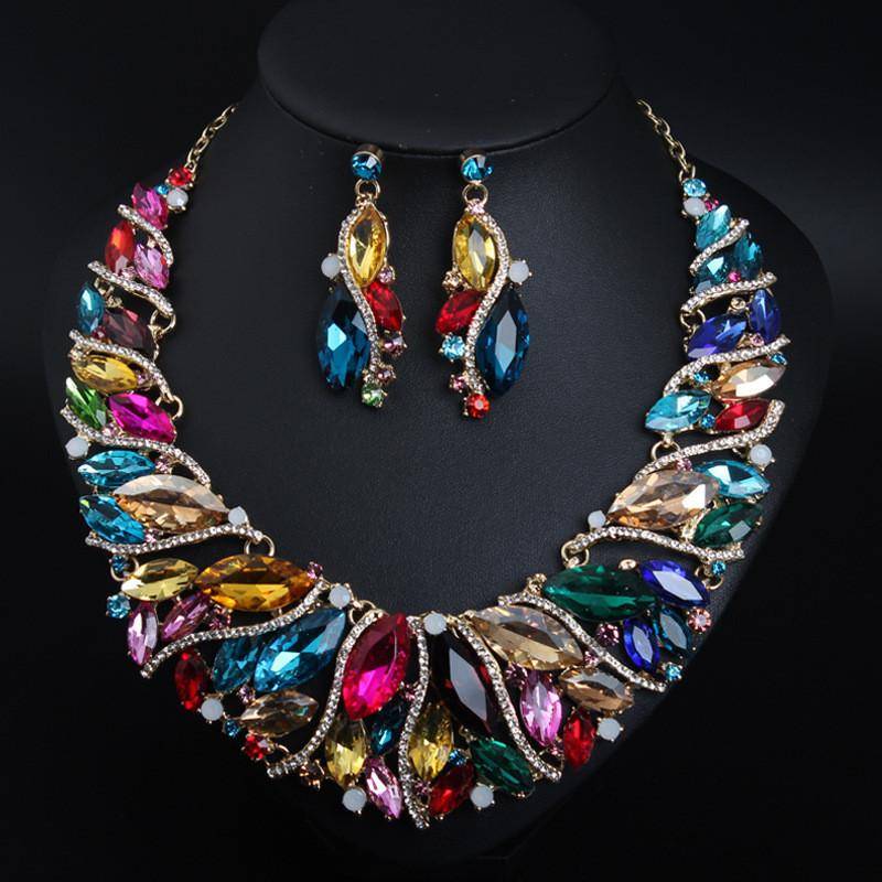 Vintage Statement Kristall Halskette Ohrringe Set Retro Brautschmuck Sets Damen Party Luxus Großes Schmuck Geschenk bunt von Joom DACH