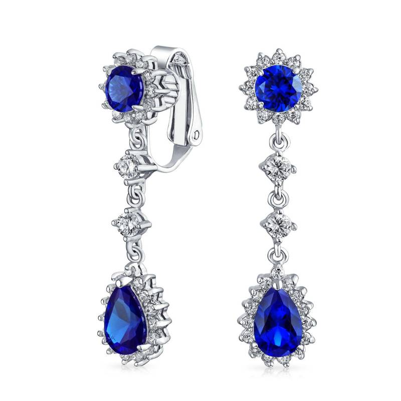 Vintage-Stil Braut Simulierter Blauer Saphir Statement Pave Crown Halo Zirkonia AAA CZ Lange baumelnde ovale Tropfen Kronleuchter Clip Ohrringe Damen blau von Joom DACH