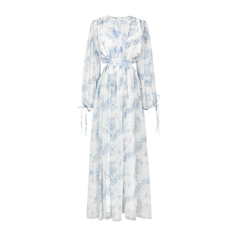 Vintage Strand Floral Midi Kleid Frauen Elegante Aushöhlen Koreanische Urlaub Split Kleid Weibliche Casual Langarm Fee Party Kleid L blau von Joom DACH