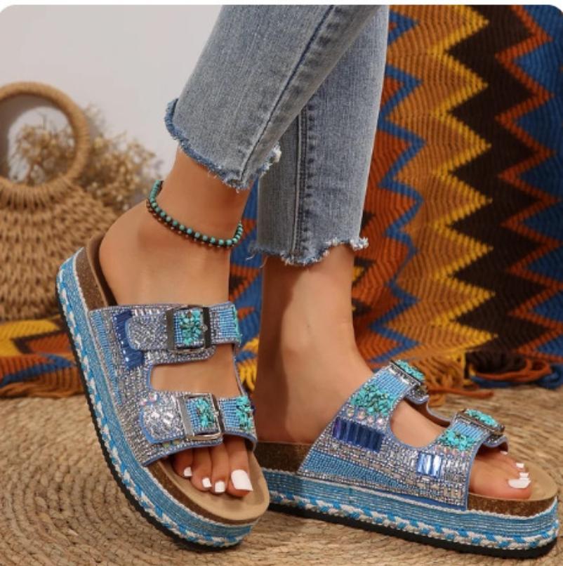 Vintage-Strass-Hausschuhe aus Kork mit Doppelschnalle für Damen,Sommer-Slipper mit dicker Sohle,Bequeme und modische Strand-Hausschuhe 38 himmelblaue von Joom DACH