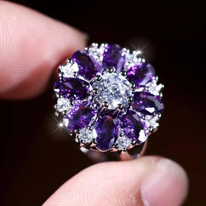 Vintage weiblicher ovaler Schnitt lila Stein Blumenblütenblatt Ring silbrige Farbe Verlobungsblumenring Braut Eheringe für Frauen 9 violett von Joom DACH