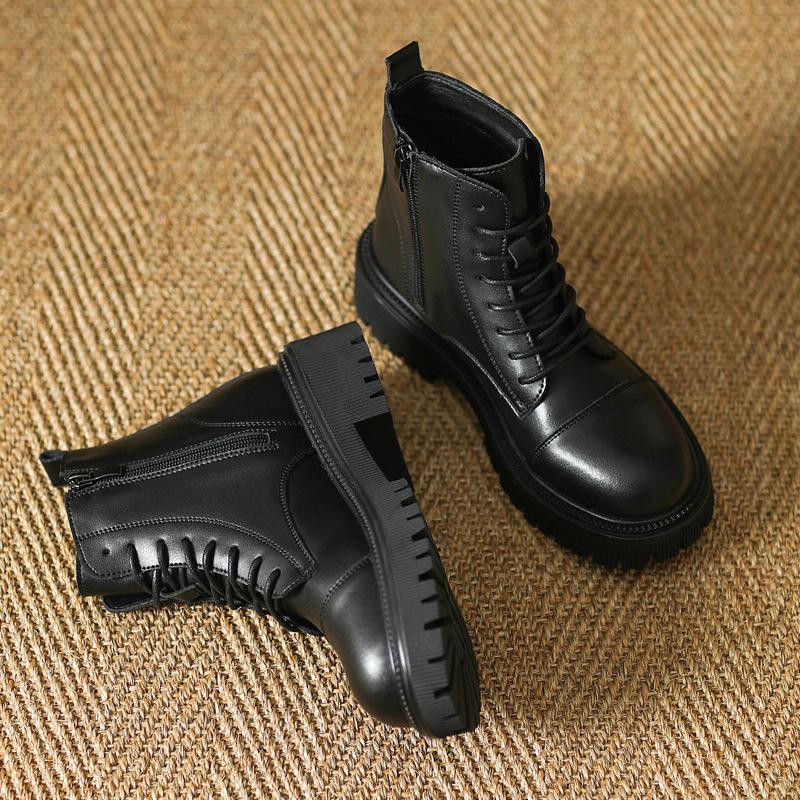Vollrindleder ~ Damen Echtleder Neue Fleece-gefütterte Mid-Platform-Stiefel Schlankmachender Britischer Stil Fried Street Stiefeletten 41 von Joom DACH