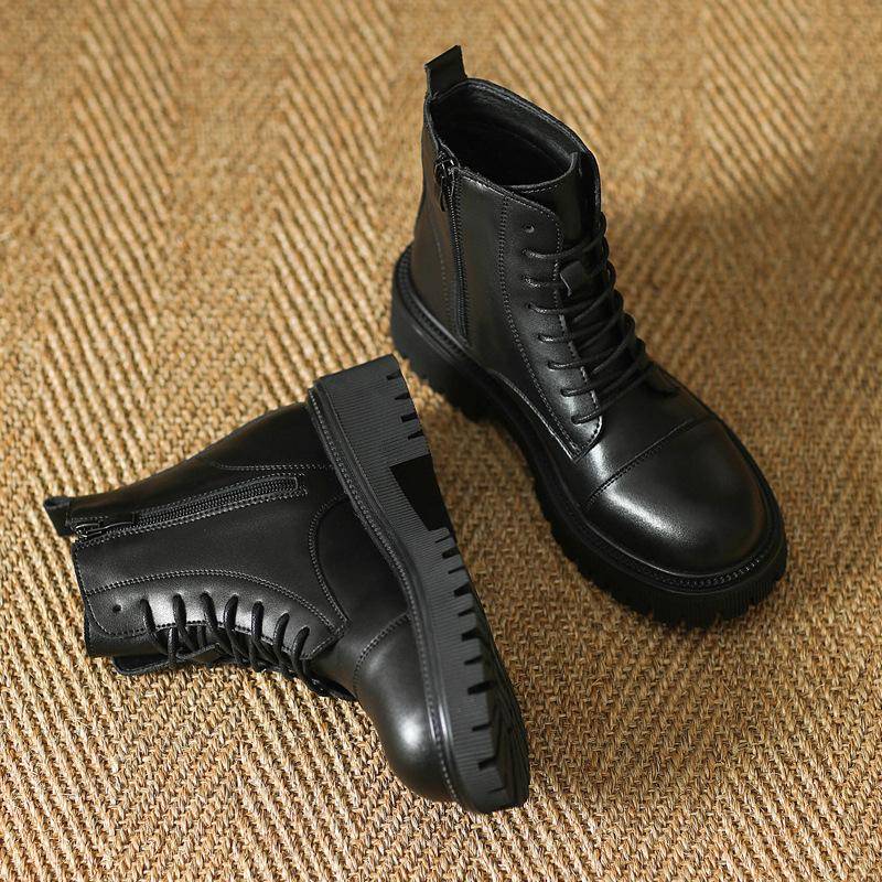 Vollrindleder ~ Damen Echtleder Neue Fleece-gefütterte Mid-Platform-Stiefel Schlankmachender Britischer Stil Fried Street Stiefeletten 41 von Joom DACH