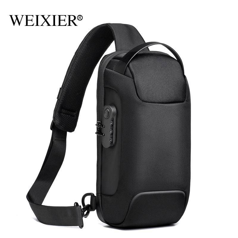 WEIXIER Wasserdichte Oxford-Umhängetasche für Herren, Anti-Diebstahl-Schultertasche, multifunktionale Brusttaschen, Reise-Umhängetasche mit USB-Ladeanschluss one size schwarz von Joom DACH