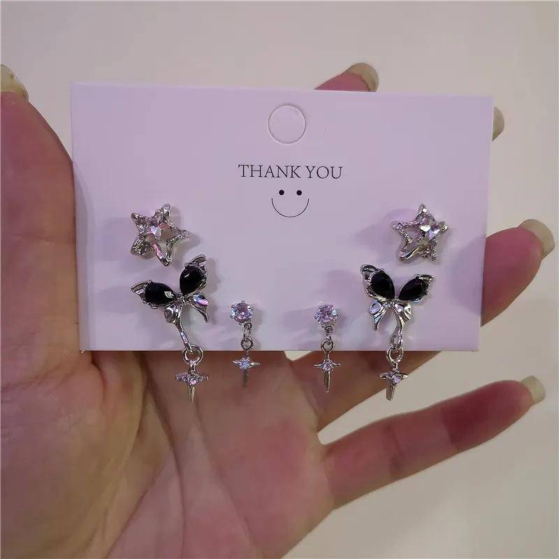 WENN ICH Goth Schwarz Schmetterling Kristall Stern Ohrring Set Für Frauen Mädchen Vintage Ästhetik Herz Stecker Ohrring Trendy Y2K Schmuck Accessoires von Joom DACH