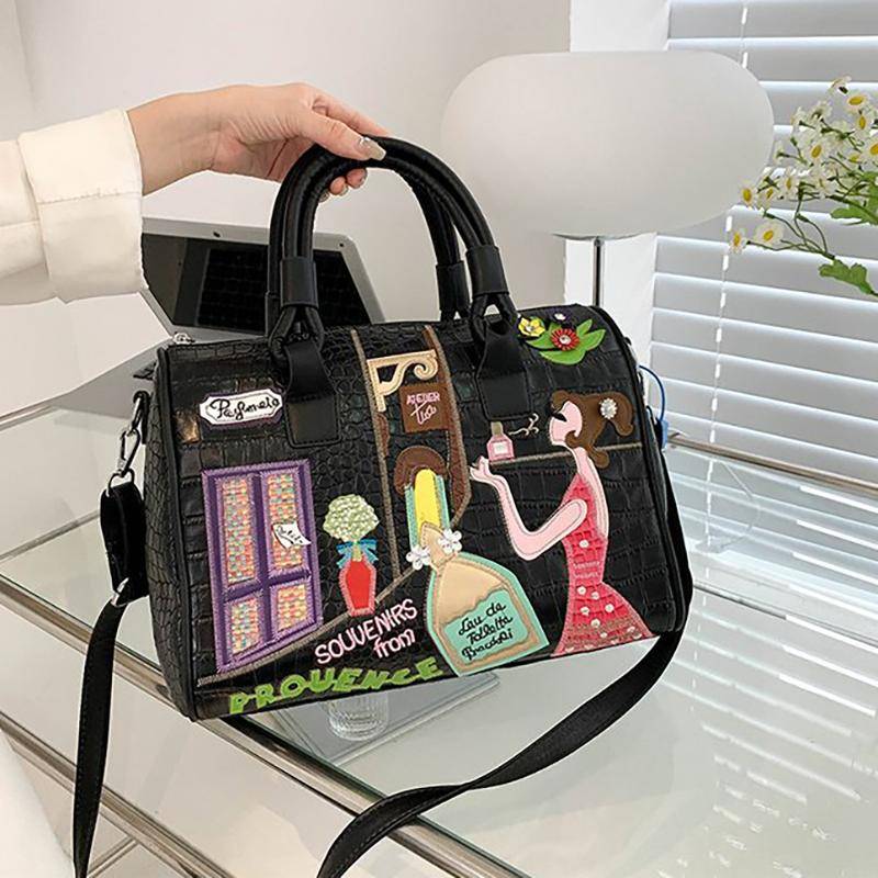 WTEMPO Damen Große Handtasche Umhängetasche Stickerei Set Dekoration Nähtasche 32*17*24cm schwarz von Joom DACH