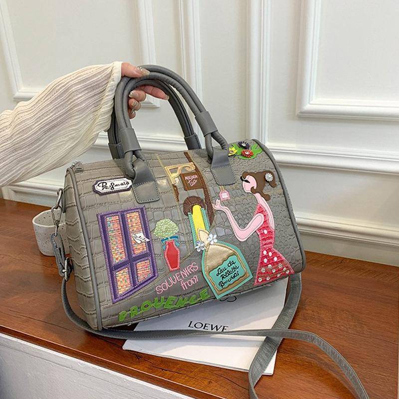 WTEMPO Damen Große Handtasche Umhängetasche Stickerei Set Dekoration Nähtasche 32*17*24cm licht grau von Joom DACH