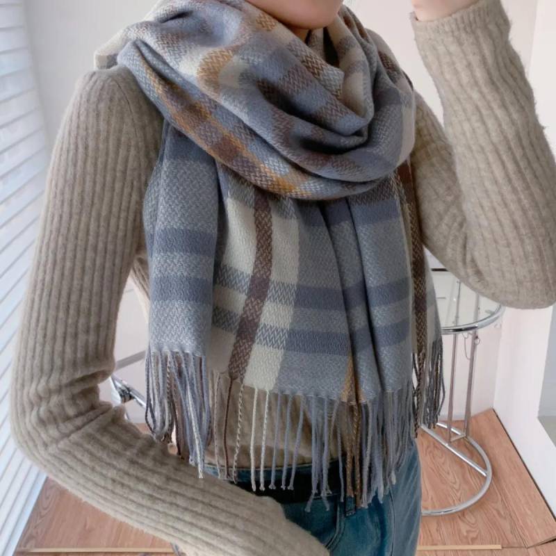 WTEMPO Damen Herbst Winter Süße Kältefeste Schals Retro Elegant Kariert Kleines Liebesmuster Bedruckt Weihnachten Neujahr Warme Warme Quastenschals Geschenke 67*198cm blau von Joom DACH