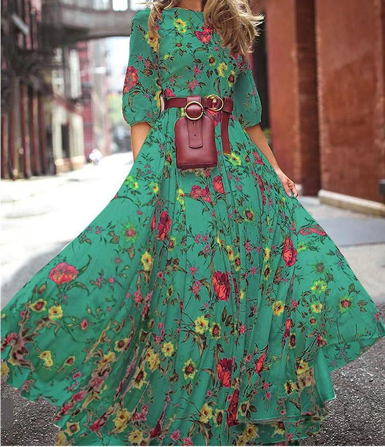 WTEMPO Damen Lässig Elegant Halbarm Boho Swing Floral Bedruckt Urlaubs Maxi Kleider Strandkleid Party Abendkleid L grün von Joom DACH