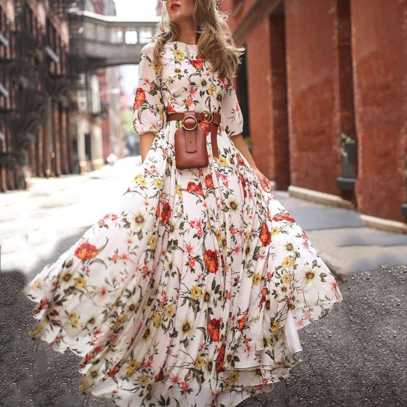 WTEMPO Damen Lässig Elegant Halbarm Boho Swing Floral Bedruckt Urlaubs Maxi Kleider Strandkleid Party Abendkleid XL weiß von Joom DACH
