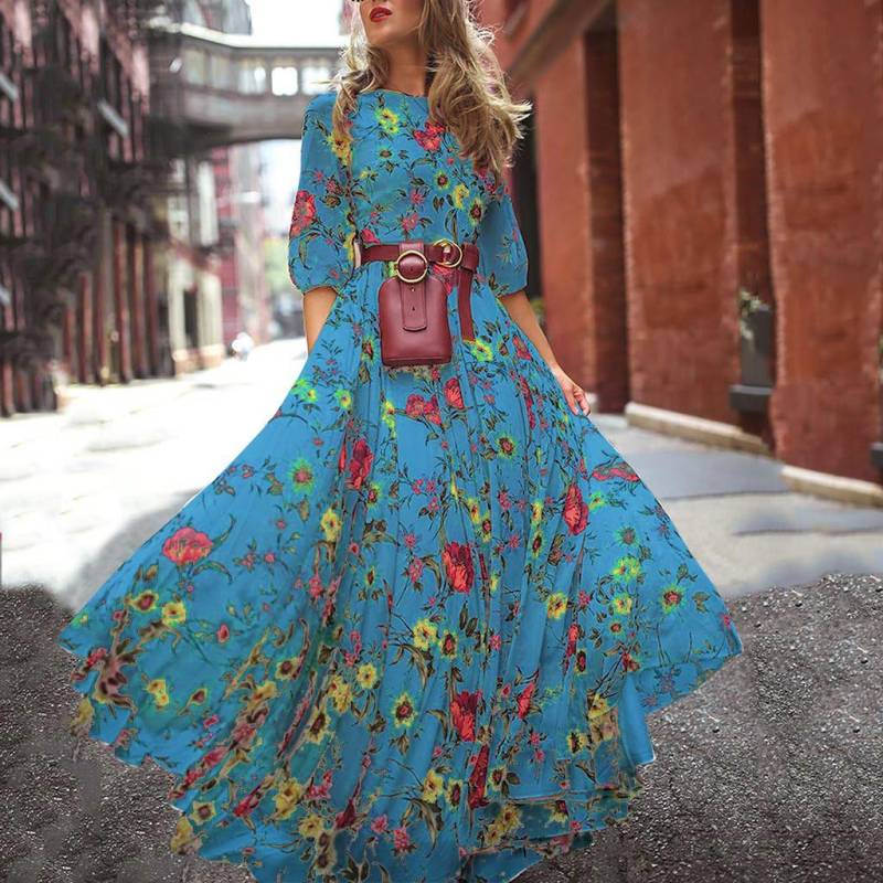 WTEMPO Damen Lässig Elegant Halbarm Boho Swing Floral Bedruckt Urlaubs Maxi Kleider Strandkleid Party Abendkleid XXL blau von Joom DACH