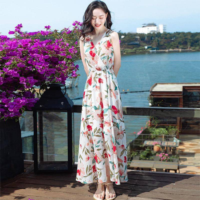 WTEMPO Damen Sommer Neckholder-Kleid Strand Urlaub Loose Print Strandkleid Blumenkleid Bohemian Kleid 3XL bunt von Joom DACH