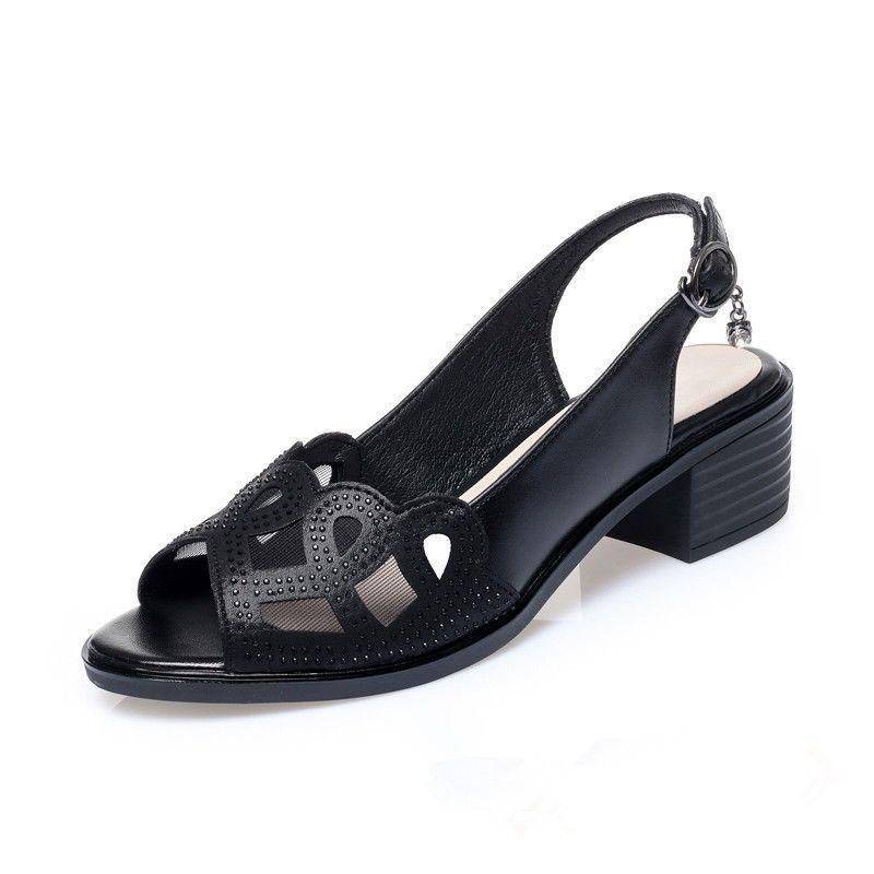 WTEMPO Damen-Sommersandalen aus weichem Ledernetz, undichte Zehenpartie, Fischmaul, dicker Mittelabsatz, hohler Strass, weiche Sohle, atmungsaktiv, rutschfest, High Heels 41 schwarz von Joom DACH