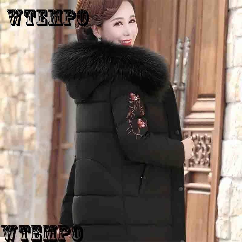 WTEMPO Damen Stickerei Baumwolle gepolsterte Kleidung Mittellange dicke Mäntel Plus Größe Winterjacke Mutter Winterkleidung gepolsterte Jacken Parka warm 2XL schwarz von Joom DACH