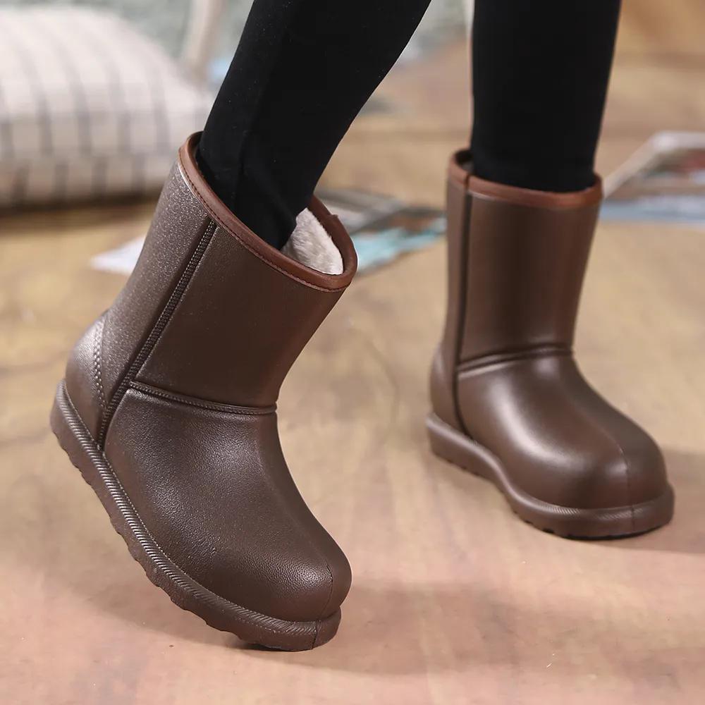 WTEMPO Damen große EVA-Regenstiefel, Winter-Mittelrohr, wasserdichte warme Stiefel, einfarbig, flache Sohle, rutschfeste, verschleißfeste Baumwollstiefel 38 kaffeebraun von Joom DACH