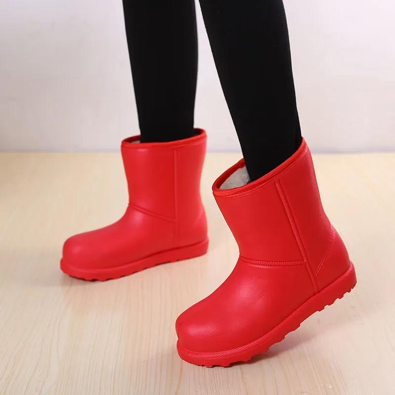 WTEMPO Damen große EVA-Regenstiefel, Winter-Mittelrohr, wasserdichte warme Stiefel, einfarbig, flache Sohle, rutschfeste, verschleißfeste Baumwollstiefel 39 rot von Joom DACH
