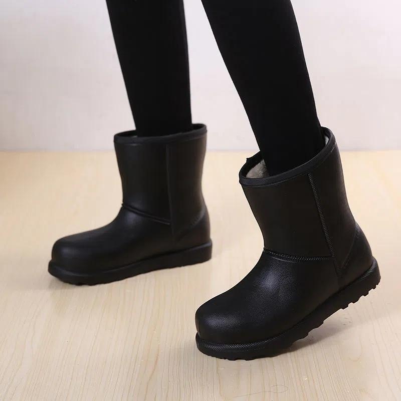 WTEMPO Damen große EVA-Regenstiefel, Winter-Mittelrohr, wasserdichte warme Stiefel, einfarbig, flache Sohle, rutschfeste, verschleißfeste Baumwollstiefel 40 schwarz von Joom DACH