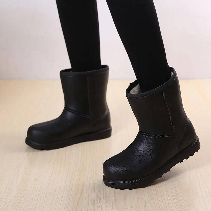 WTEMPO Damen große EVA-Regenstiefel, Winter-Mittelrohr, wasserdichte warme Stiefel, einfarbig, flache Sohle, rutschfeste, verschleißfeste Baumwollstiefel 40 schwarz von Joom DACH