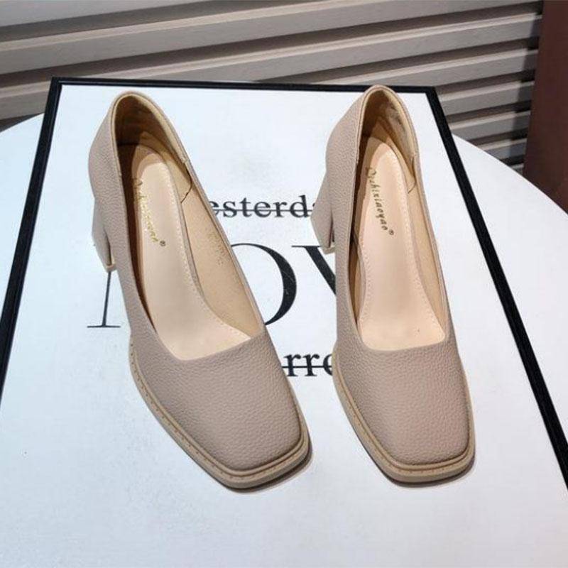 WTEMPO Einzelschuhe Damen Frühling Sommer Vielseitige Weiche Leder Quadratische Zehenpartie Dicker Absatz Bequeme Anti-Rutsch High Heel Pumps Einfarbig Arbeitsschuhe 35 apricot von Joom DACH