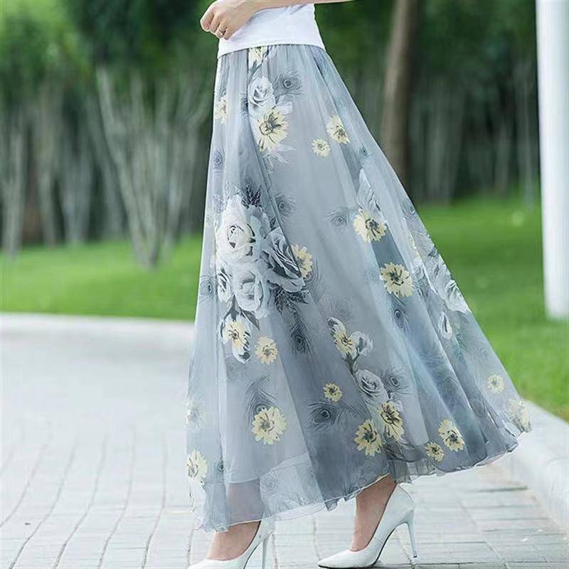 WTEMPO Elastische Hohe Taille Große Swing Röcke Frauen Frühling Sommer Volle Lange Blumendruck A-linie Röcke Mutter Tanz Chiffon Röcke XXL von Joom DACH