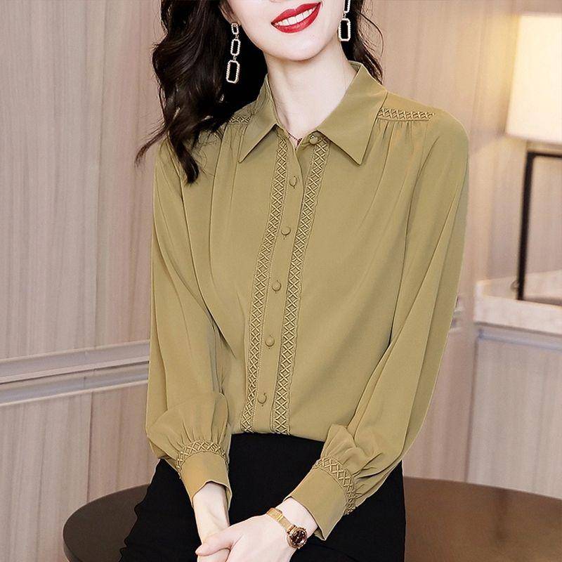 WTEMPO Langarm Chiffon Shirt Damen Frühling und Herbst Mode Unterhemd Weibliches Temperament Shirt Einfarbig Cardigan Top XXL von Joom DACH