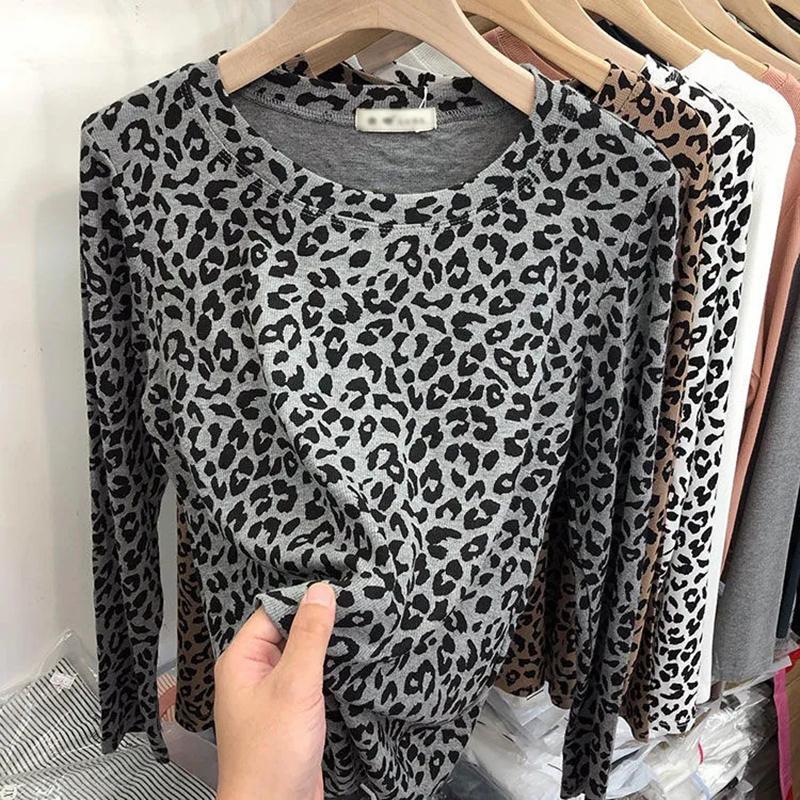 WTEMPO Leopard Print T-Shirts Frauen Langarm Frühling Herbst Schlank Koreanische Blusen Weibliche Alle-spiel Casual Oansatz Tops 3XL grau von Joom DACH