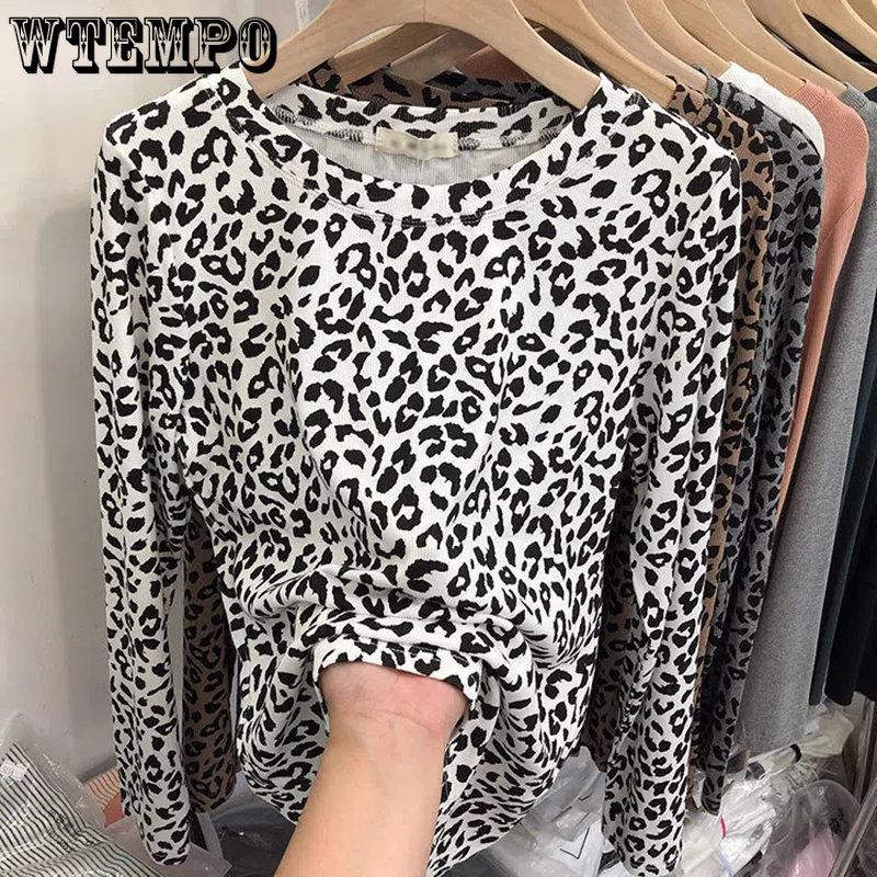 WTEMPO Leopard Print T-Shirts Frauen Langarm Frühling Herbst Schlank Koreanische Blusen Weibliche Alle-spiel Casual Oansatz Tops M weiß von Joom DACH