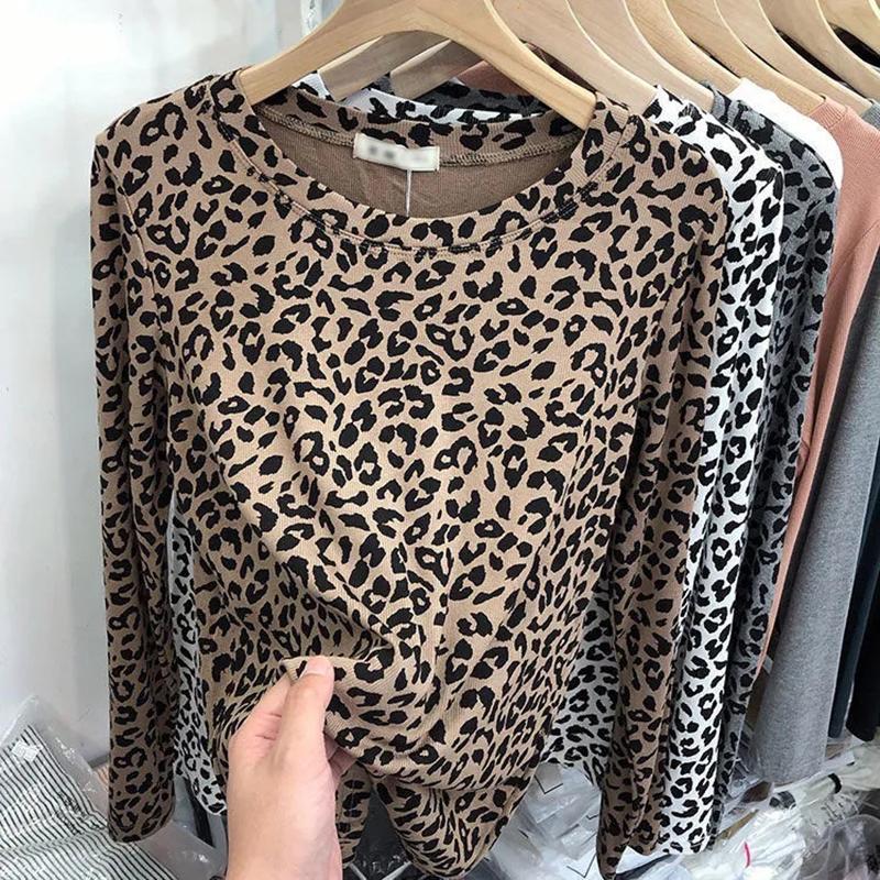 WTEMPO Leopard Print T-Shirts Frauen Langarm Frühling Herbst Schlank Koreanische Blusen Weibliche Alle-spiel Casual Oansatz Tops XL khaki von Joom DACH