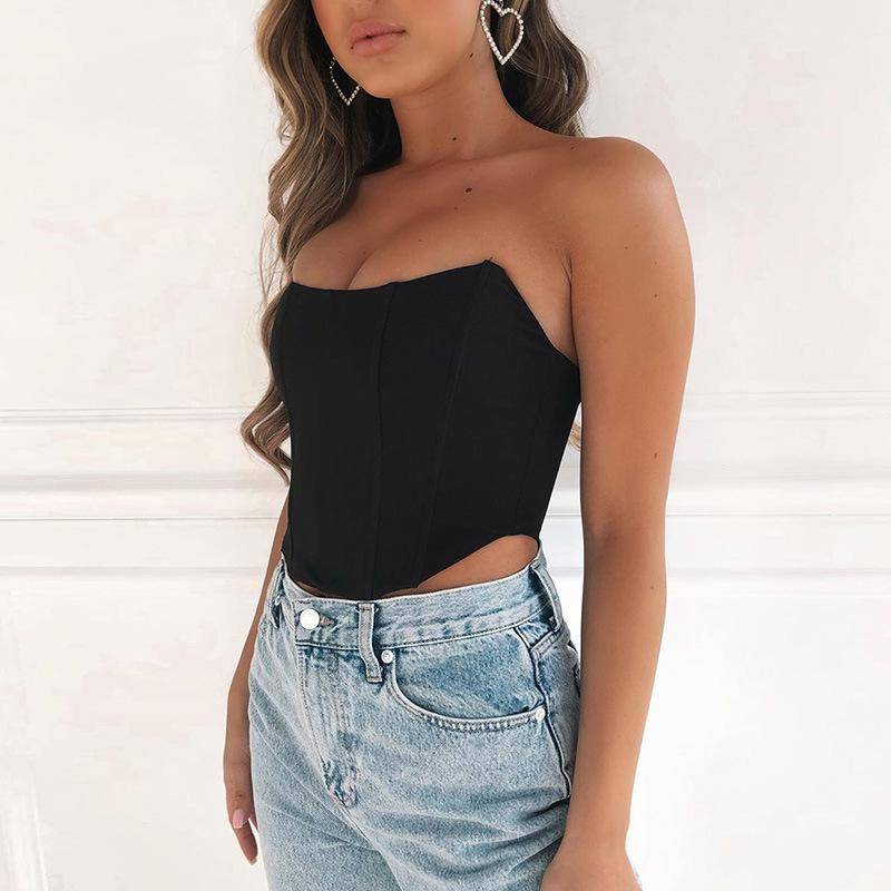 WTEMPO Solide ärmellose Off Shoulder Samt Korsett Cropped Tops Weste weibliche Unterwäsche rückenfreie schlanke Bustier Tops L schwarz von Joom DACH