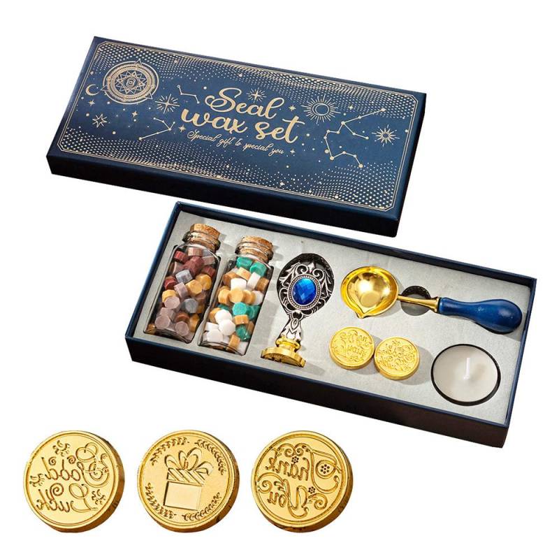 Wachssiegel-Stempel-Set mit 3 Siegelstempeln und einer Flasche Wachsperlen, Löffel und Kerze für Weihnachten im Vintage-Stil blau von Joom DACH