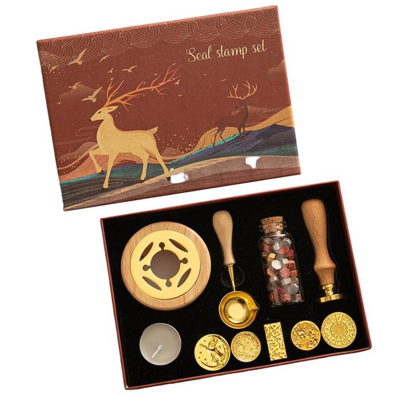 Wachssiegel-Stempel-Set mit 6 Siegelstempeln und einer Flasche Wachsperlen, Löffel, Kerze, Wachsschmelzwärmer für von Joom DACH