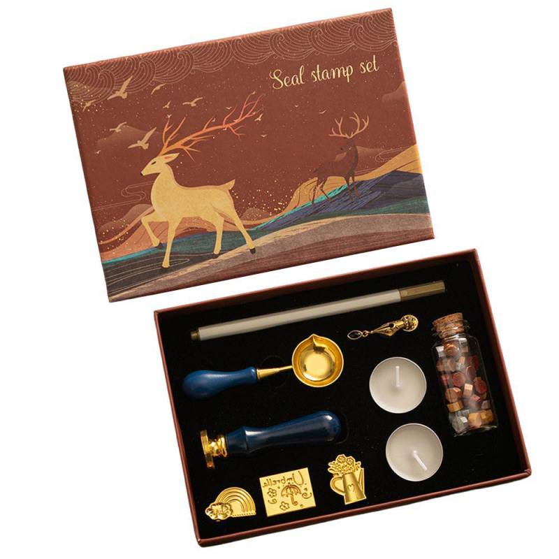 Wachssiegel-Stempel-Set mit 6 Siegelstempeln und einer Flasche Wachsperlen, Löffel, Kerze, Wachsschmelzwärmer für von Joom DACH