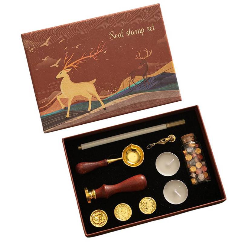 Wachssiegel-Stempel-Set mit 6 Siegelstempeln und einer Flasche Wachsperlen, Löffel, Kerze, Wachsschmelzwärmer für von Joom DACH