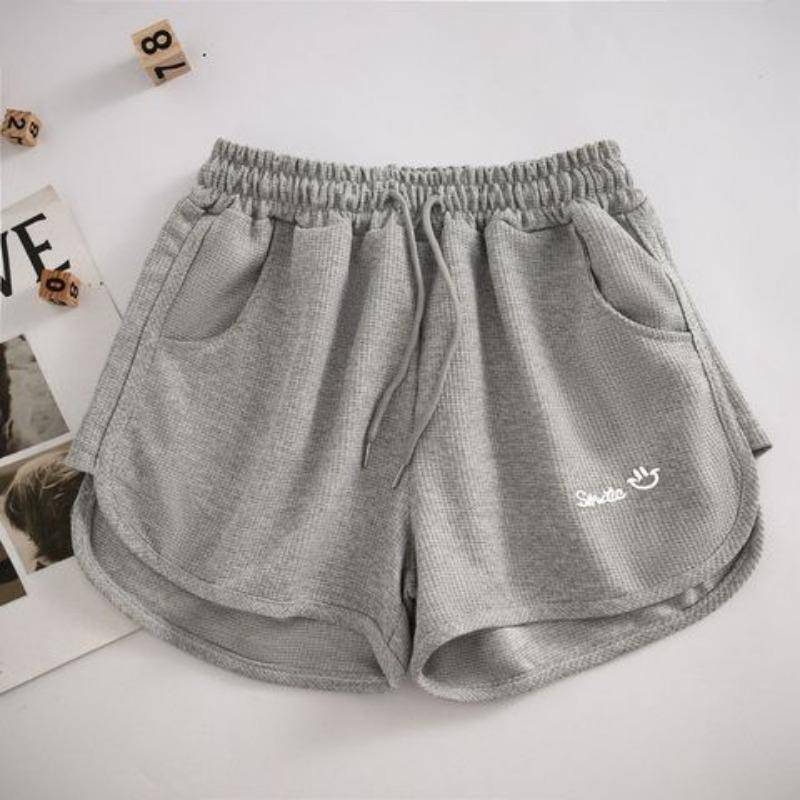 Waffel Sportshorts für Damen Sommer Koreanischer Stil Elastischer Bund Locker Schlankmachend A-Linie Weitbeinige Hosen Homewear 5XL grau von Joom DACH