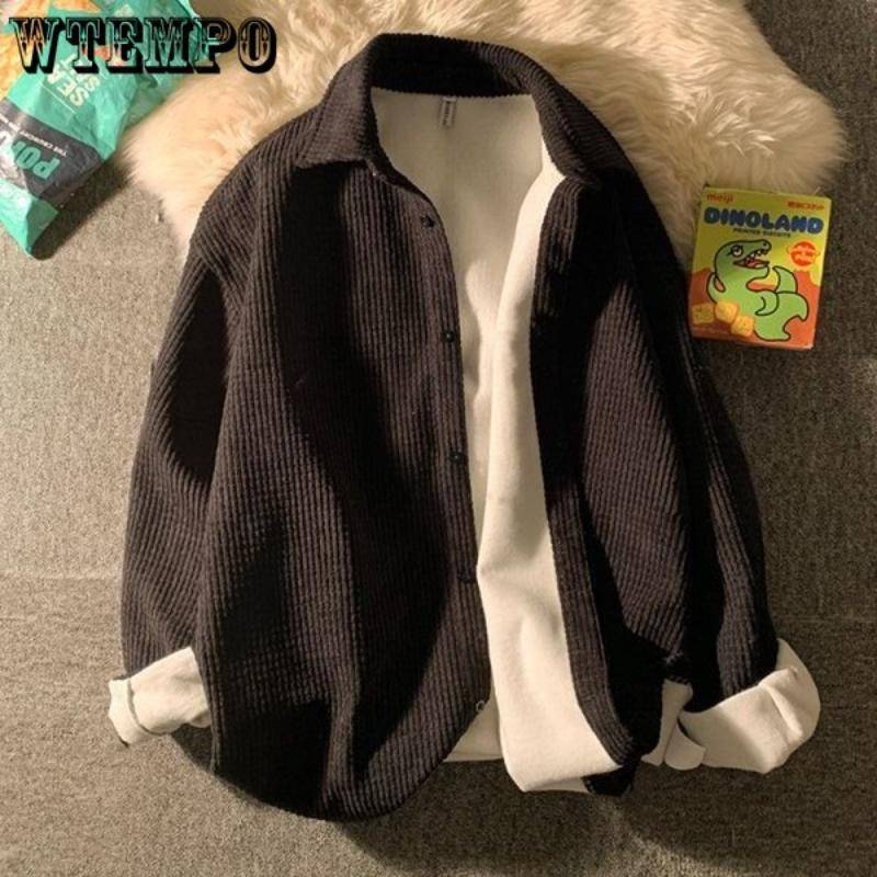 Waffelhemd Herren Gepolsterte Frühlings- und Herbstjacke in Volltonfarbe Japanische Studenten Koreanische Version von Loose All Metch Langarmshirts S schwarz von Joom DACH