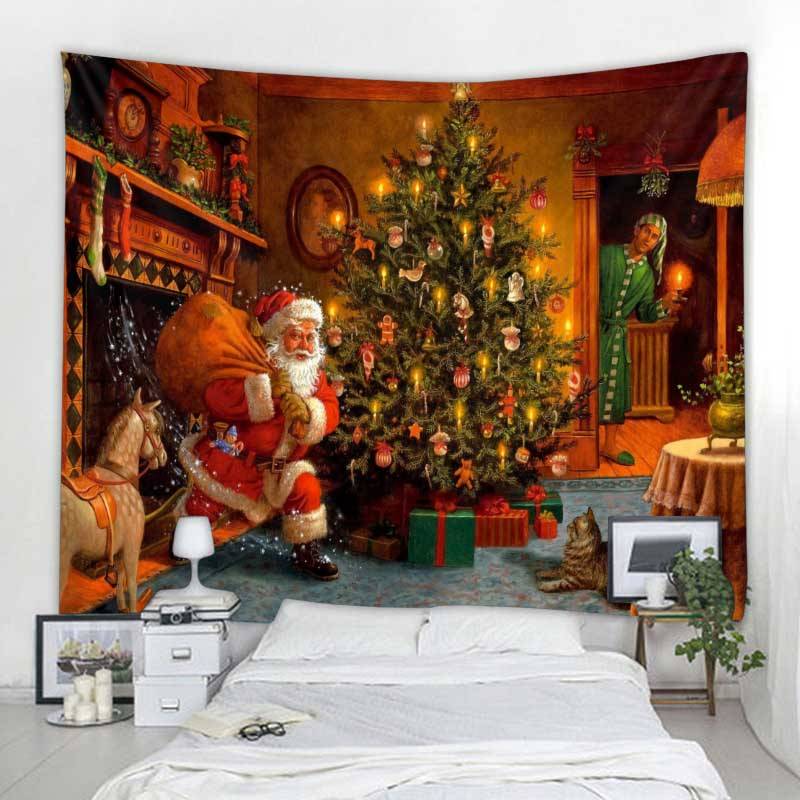 Wanddekoration für Schlafzimmer, Wohnzimmer, Schlafsaal, Weihnachts-Wandteppich, Wandbehang, Weihnachtsmann, Weihnachtsbaum, Kamin, Elch-Wandteppich 200x150cm von Joom DACH