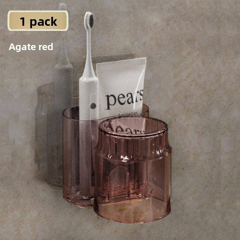 Wandmontierter, stanzfreier Zahnbürstenhalter mit Becher zur Badezimmeraufbewahrung rot von Joom DACH