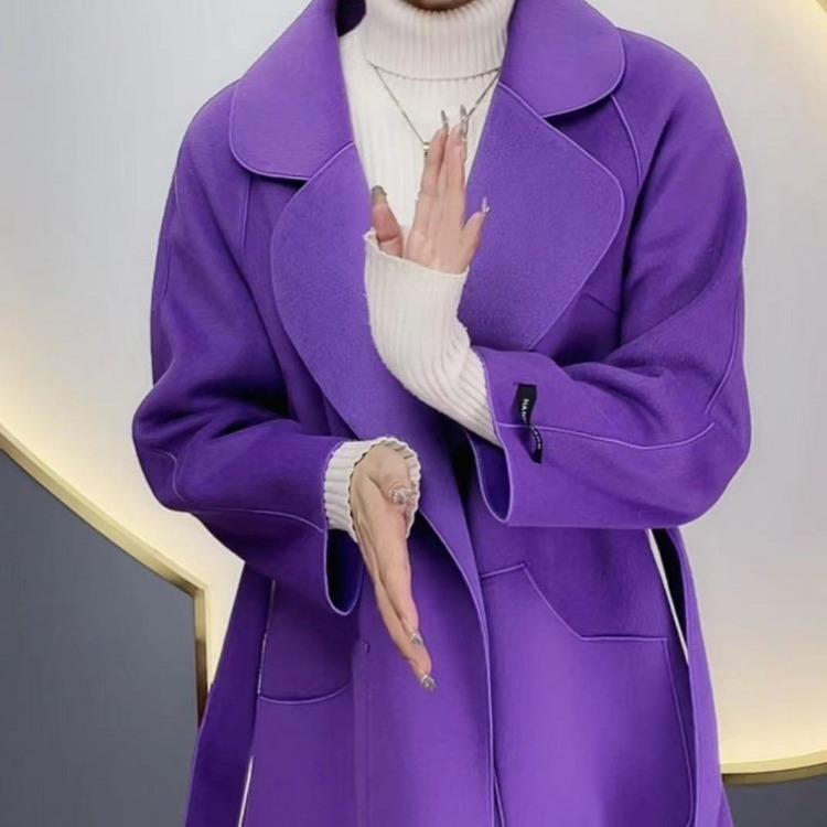 Warm und modisch mit Damen-Wollmantel mit Gürtel für den Herbst XXXL violett von Joom DACH
