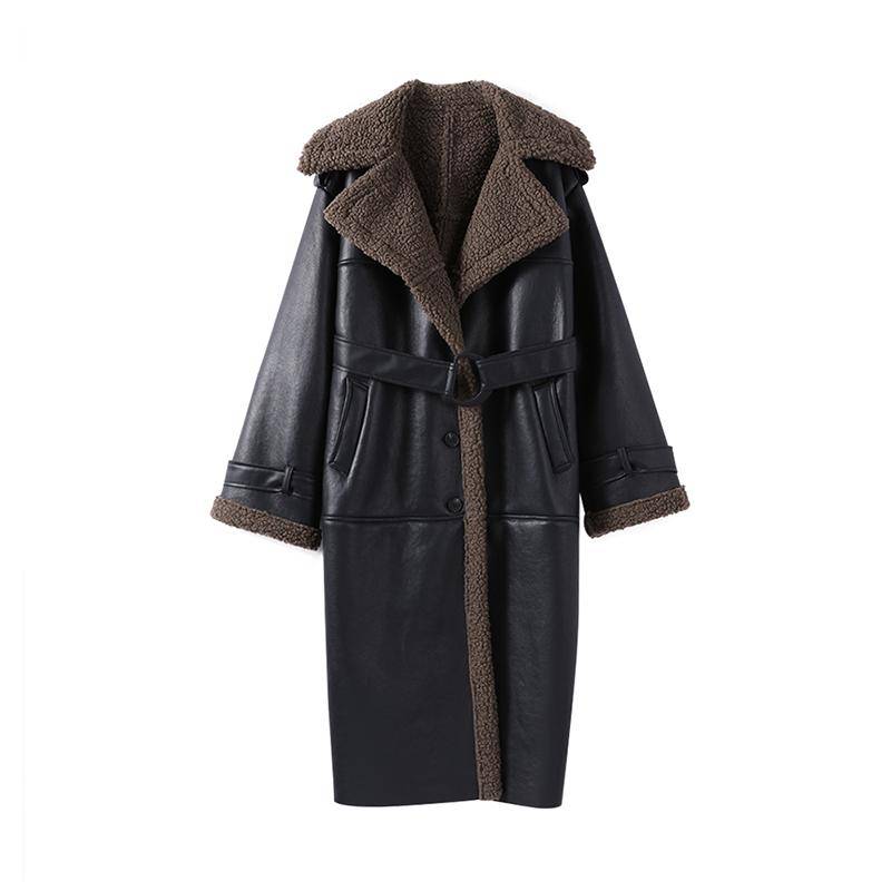 Warme, dicke Lederjacke mit Revers für Damen, Winter-Lammwolle, langärmliger Mantel mit Tasche, einreihiger Street-Trenchcoat mit Gürtel L schwarz von Joom DACH