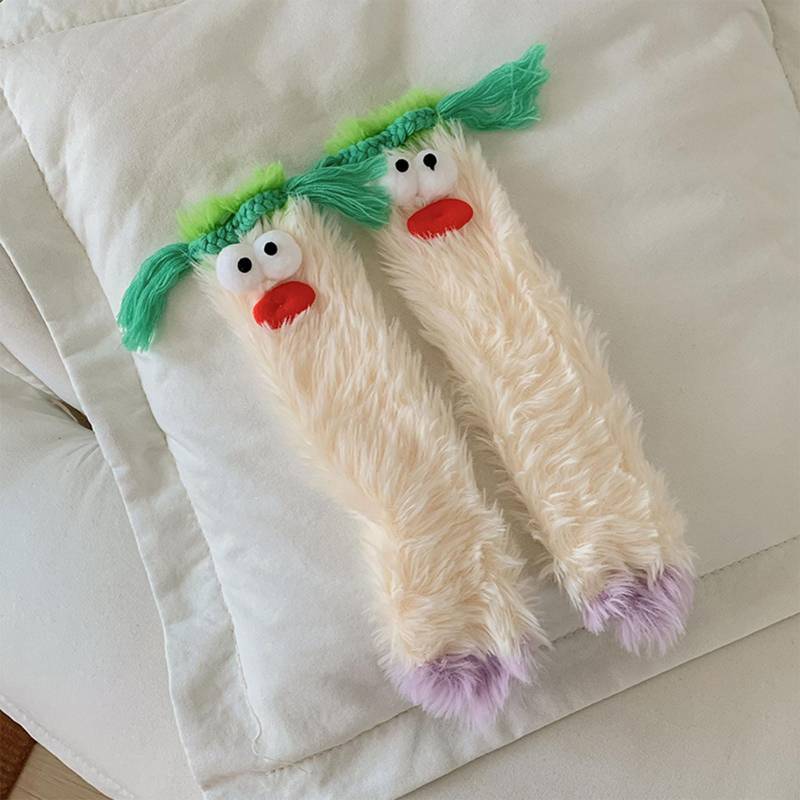 Warme, gemütliche, bauschige Cartoon-Monster-Socken, lustige flauschige Socken, weiche Winter-Schlafsocken, Cartoon-Plüsch-Monster-Socken für Mädchen und Frauen – Einheitsgröße One Size beige von Joom DACH