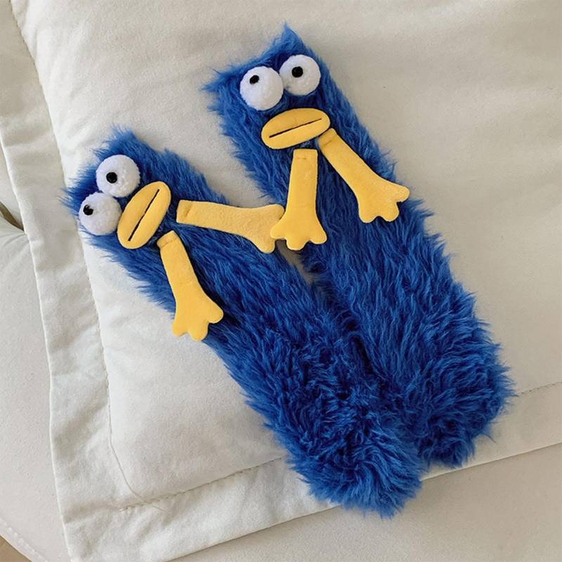 Warme, gemütliche, bauschige Cartoon-Monster-Socken, lustige flauschige Socken, weiche Winter-Schlafsocken, Cartoon-Plüsch-Monster-Socken für Mädchen und Frauen – Einheitsgröße One Size blau von Joom DACH