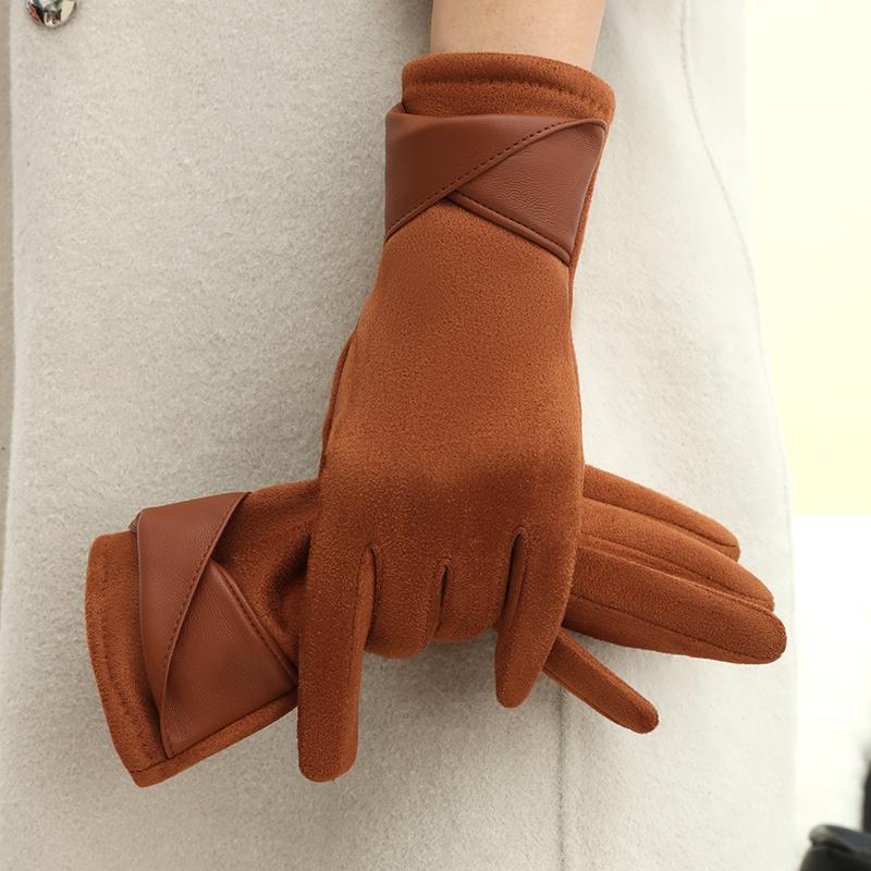 Warme Handschuhe mit Samt, Geeignet für Frauen zur Verwendung im Winter, Touchscreen-fähig, Elegante Schleifenzubehör, Rad- und Fahrhandschuhe One Size braun von Joom DACH
