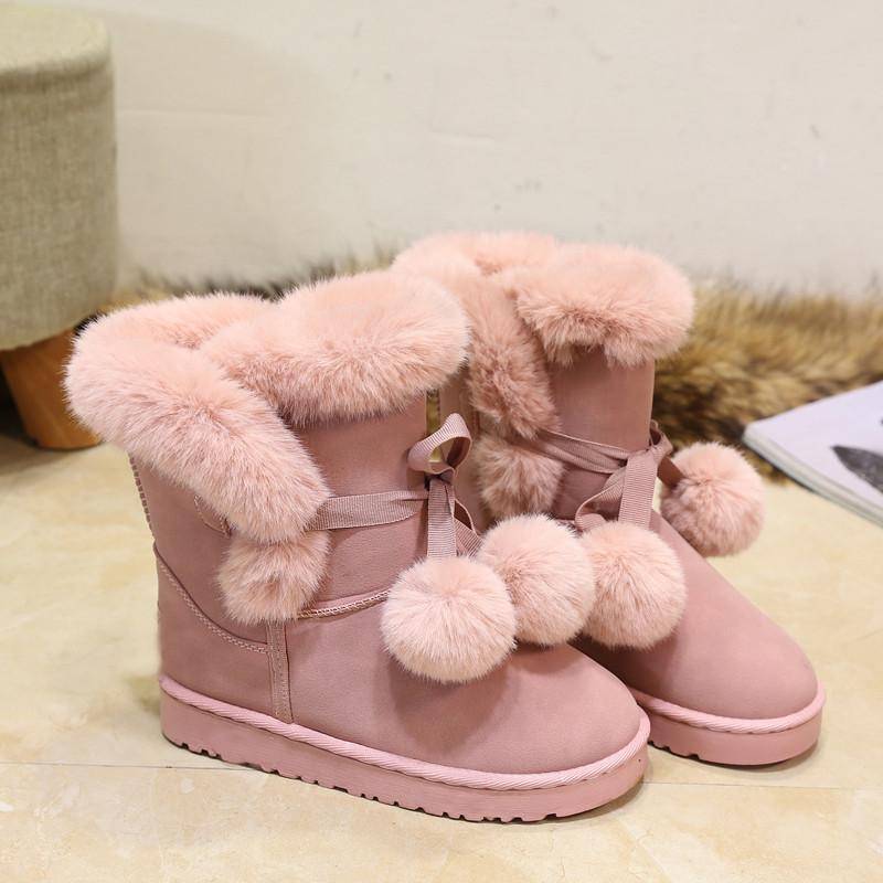 Warme Pelz Frauen Schnee Stiefel Nette Wildleder Winter Schuhe Pelz Ball Mid-Kalb Stiefel Weibliche Mode Stiefel Nicht-slip Schnee Casual 39 rosa von Joom DACH